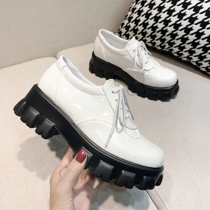 Sneakers Women Shoes Flat Platform Woman Lace Up Patent Leather Casual Loafers Increased Ladies Solid Oxfords | Обувь