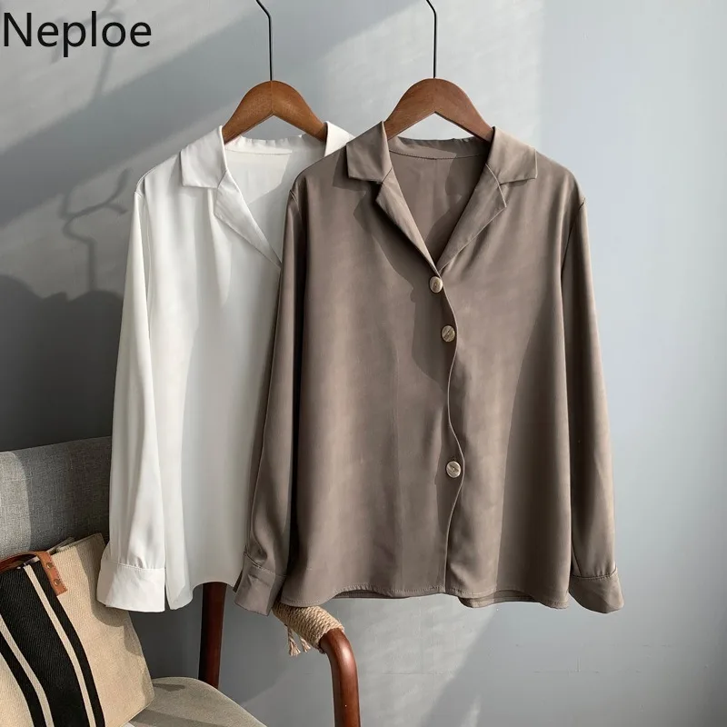 Neploe, однобортные женские рубашки, весна, Новое поступление, свободные блузы с v-образным вырезом и длинным рукавом, одноцветные повседневные женские топы 80347