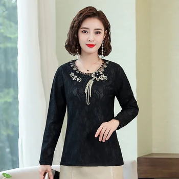 

Long Sleeve Lace Tops Women Embroidery T-Shirts Spring Fall Lady Slim Pullovers 2020 New Plus Size Middle Age Mother Clothes