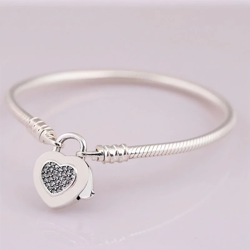 

Authentic 925 Sterling Silver Pan Bracelet Lock King's Heart-shaped Clasp Snake Bone Base Chain Fit Charm Women Jewelry