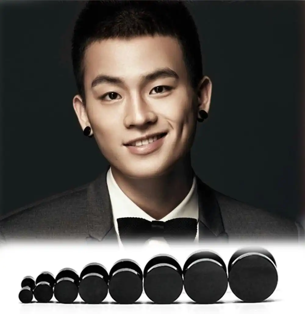 stainless steel black gothic barbell earring round plain men 1