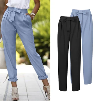 

ZANZEA Women's Pants OL Pants Casual Solid Long Trousers Loose Pockets Bow Zipper Up High Waist Straight Pantalon Femme Palazzo