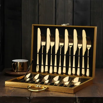 

24Pcs/set with gift box Gold Cutlery Dinner Set Knives Forks Spoons Western Kitchen Dinnerware Stainless Steel Tableware Set