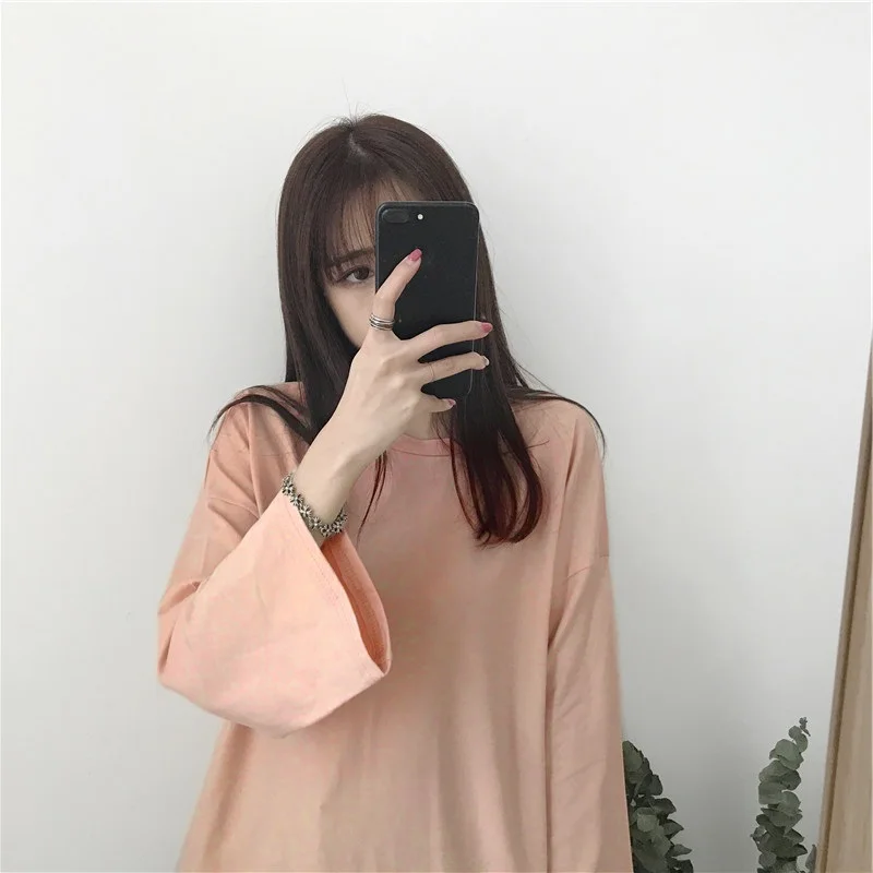 Xian 1984 fen Harajuku однотонные свободные футболки с длинным рукавом женские милые яркие цвета футболка корейский стиль простой дизайн женские модные футболки топы - Цвет: Xian 1984 fen