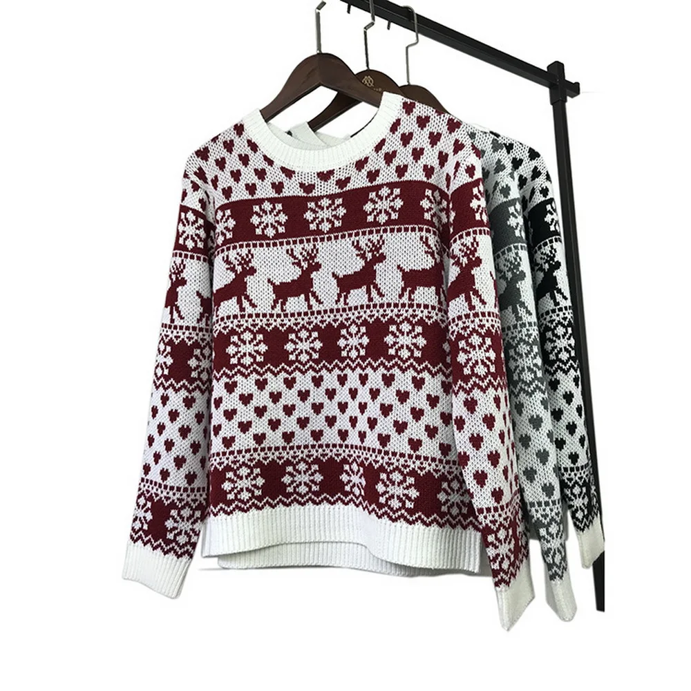 

New Year Women's Christmas Xmas Sweater Female Jumper Sweater Long Sleeve Xmas Deer Snowflake Printed Pullover Tops Sweaters