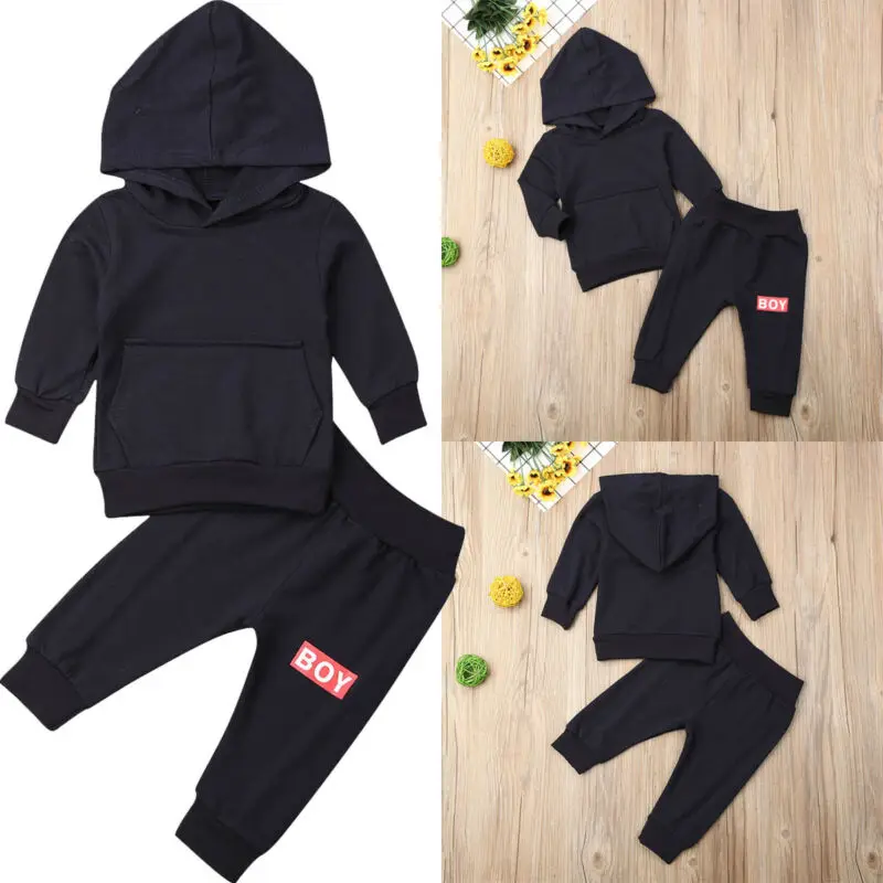 Emmababy однотонные хлопковые топы с капюшоном и длинными рукавами для новорожденных мальчиков+ длинные штаны осенний комплект одежды для малышей