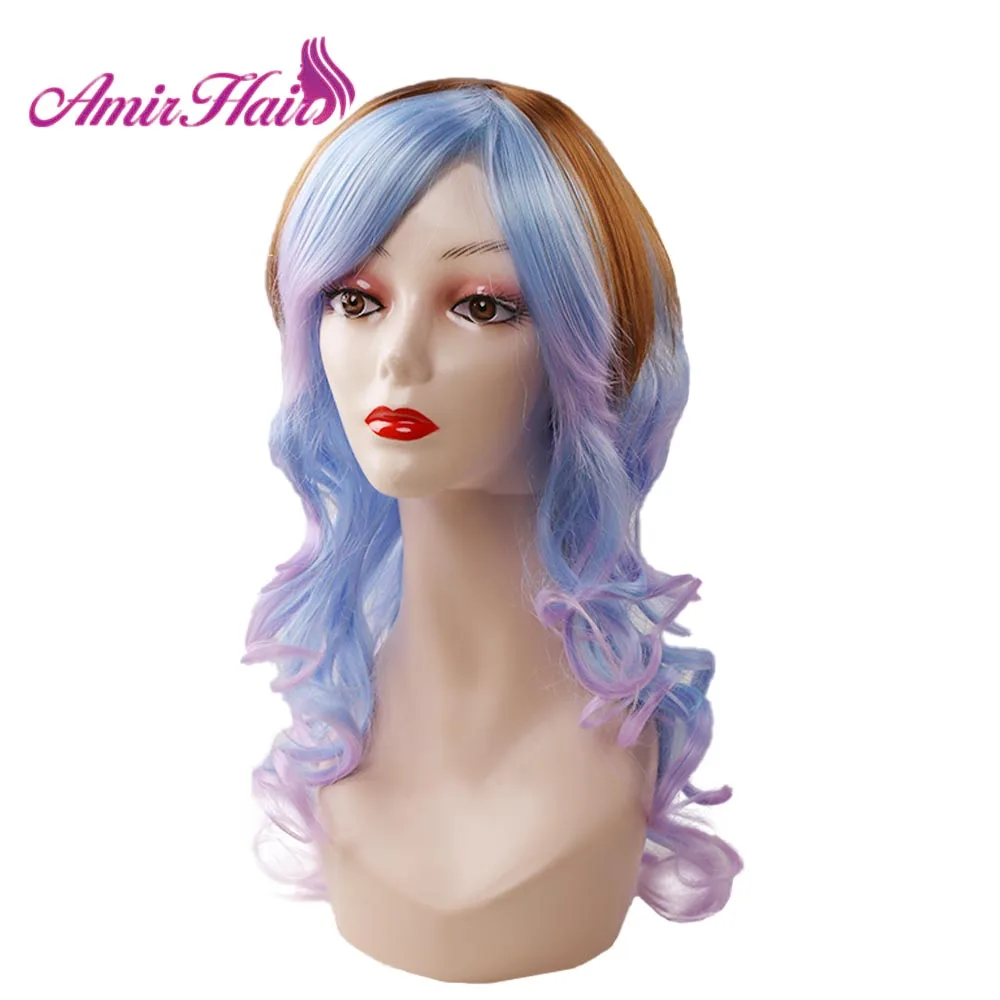 

Amir Ombre Long body wave synthetic wigs with free side bangs brown roots blue mixed purple Cosplay wig for women Heat Resistant