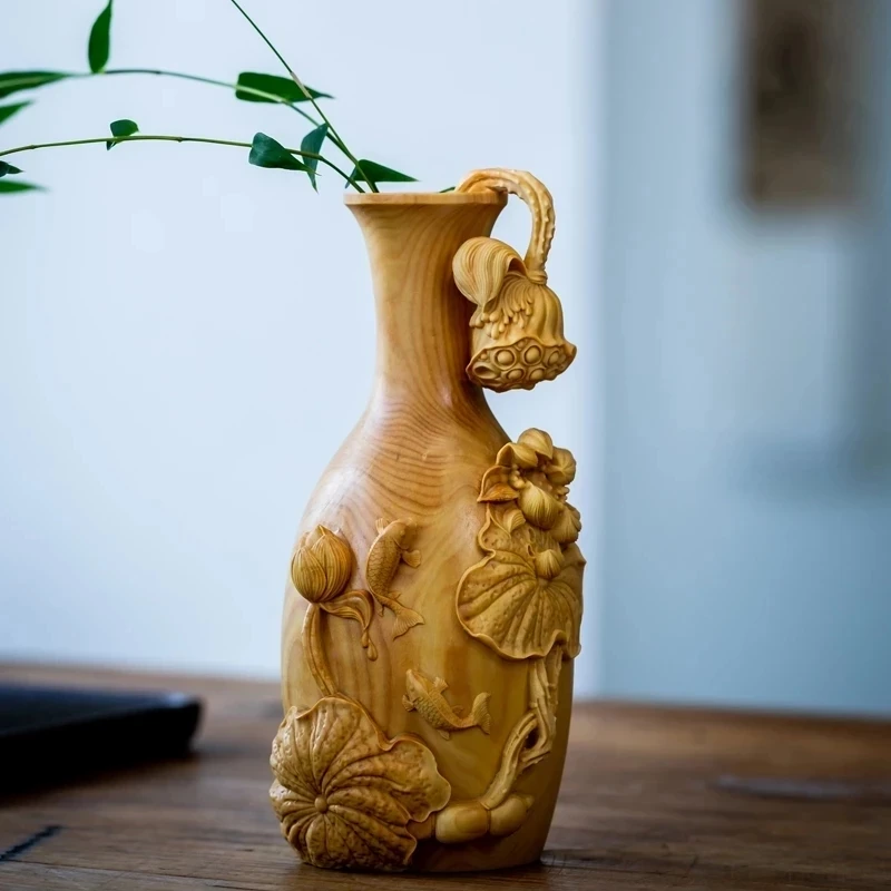 

Boxwood 15cm Wood Lotus Vase Sculpture Chinese Carp with Lotus Vase Poplar Wood Lucky Statue Home Decor