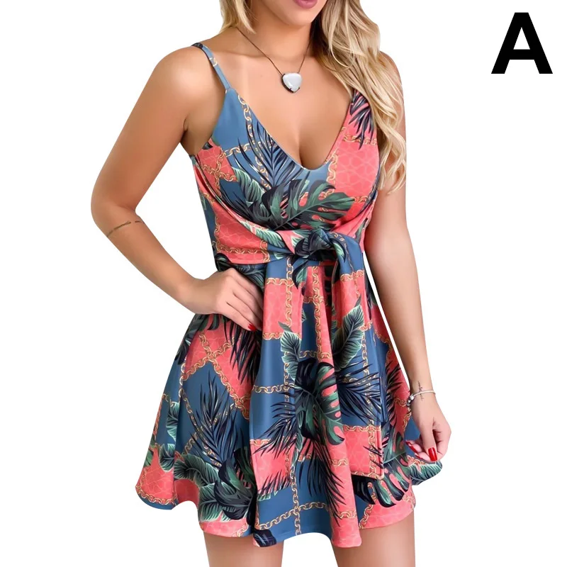 

Women Tropical Print V-Neck Spaghetti Strap Sleeveless Mini Dress for Summer -MX8