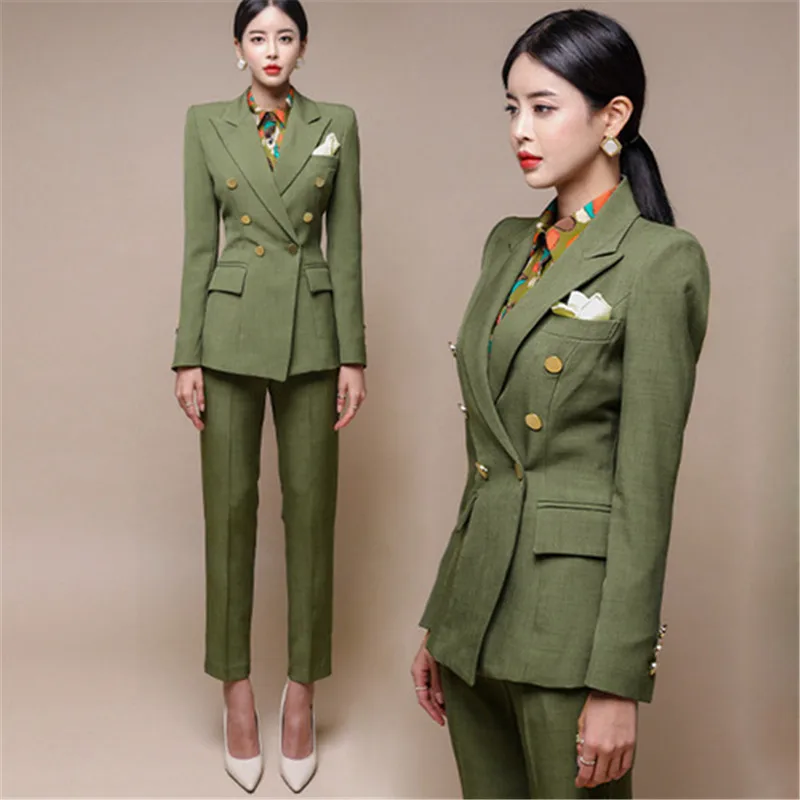 Runway Ladies Autumn Suit Office Work Double Breasted Blazer Trouser Set Fashion Business Pant Suits Women Formal Pantsuit