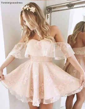 

2019 Cheap Lovely Off Shoulder Lace Pink Cocktail Dress A Line Juniors Sweet 15 Graduation Party Dress Plus Size