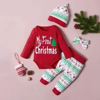 

Baby's Sets Four Piece Girls Long Sleeved Spring And Autumn Cartoon Christmas Print Bodysuit Trousers Hat Hair Band