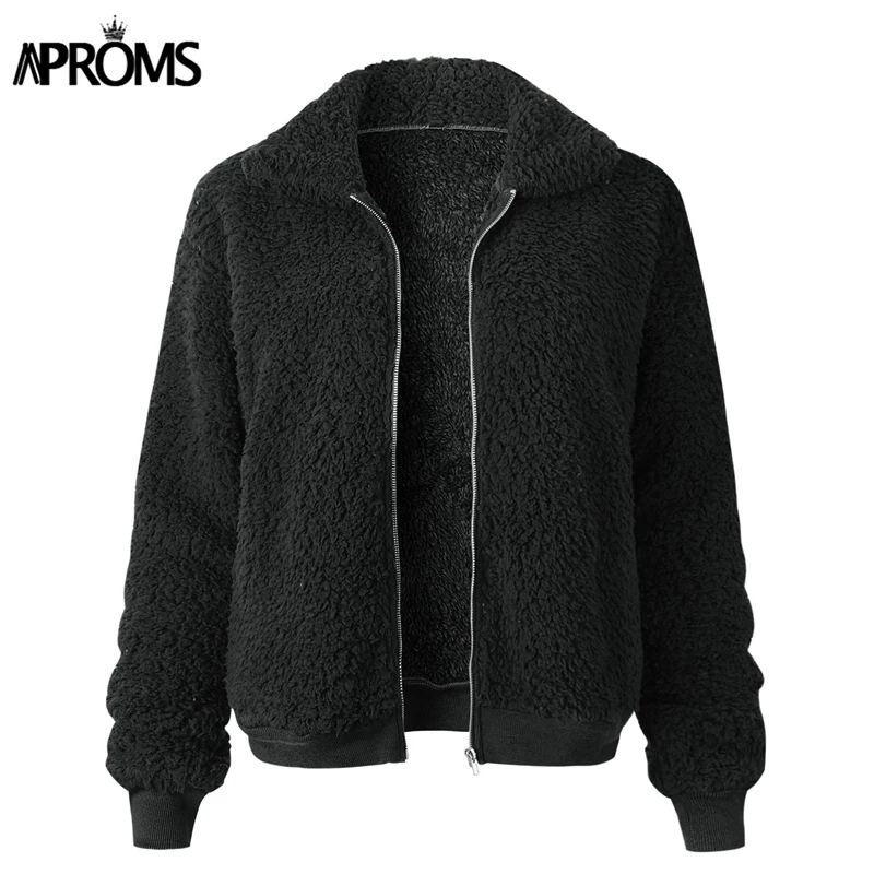 Aproms элегантная свободная плюшевая куртка цвета хаки для женщин, зимняя однотонная теплая куртка на молнии, осенняя уличная одежда, куртки для женщин - Цвет: Черный