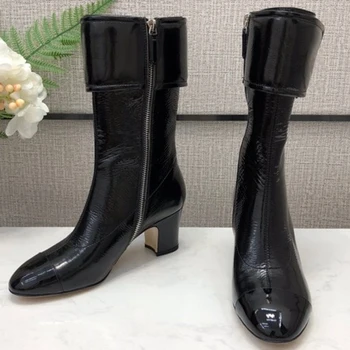 

Newest Women Autumn Boots Pointed Toe Female Square Heels Casual Zipper Mid Boots High Quality Women Shoes