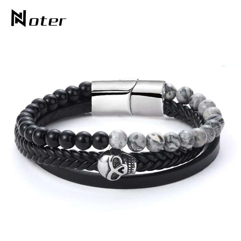 Noter, новинка, модный мужской кожаный браслет, 3 слоя, готический череп, Braslet, мужской, панк, бразильский, для кемпинга, ювелирное изделие, подарок для мужчин, Pulsera