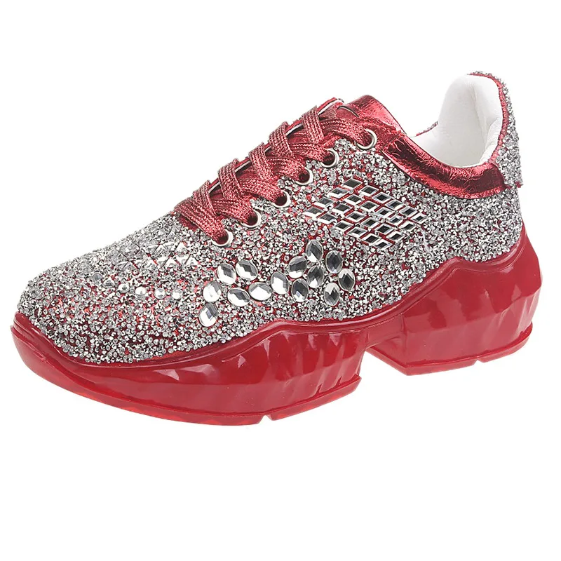 Crystal Full Rhinestone Women's Flat Shoes 2020 Autumn New Arrival Front Lace-up Platform Mid-heel Fashion Sneakers Women | Обувь