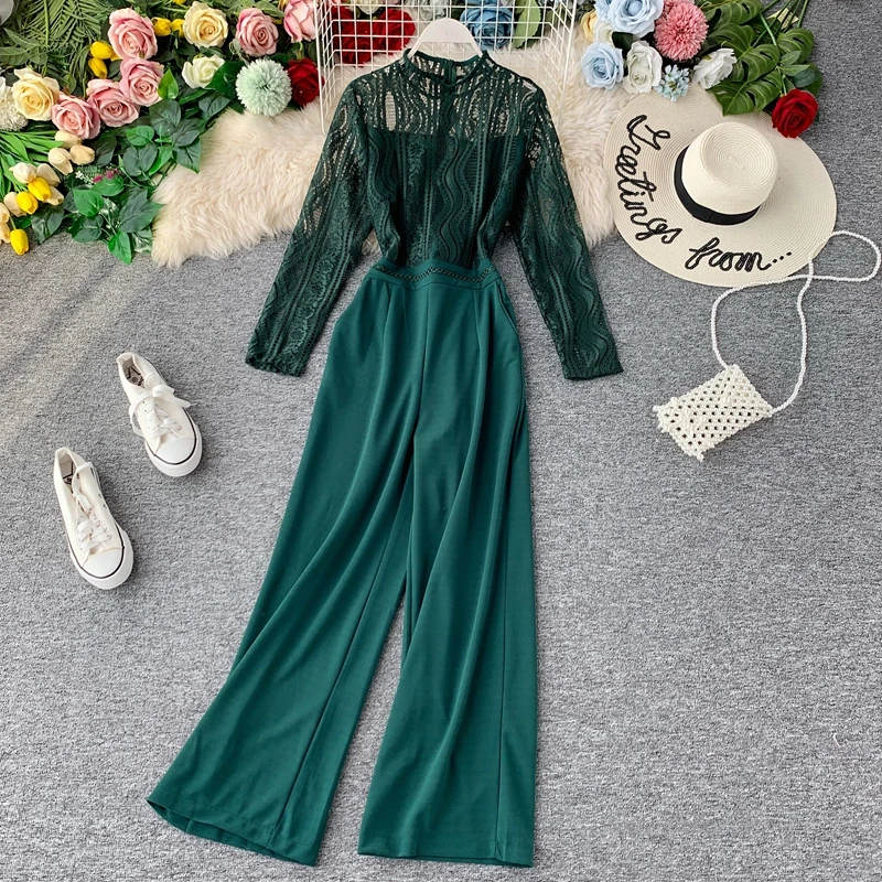 Autumn Fashion Sexy Lace Hollow Stitching Wide-legged High Waist Long Sleeve Jumpsuits Women Solid Color Elegant Overalls J897