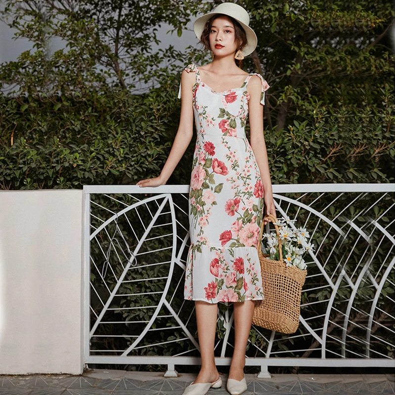 

2020 Sexy Runway Summer Party Spaghetti Strap Dresses Women's Elegant Pink Flower Print Bohemia Dress Vestdios