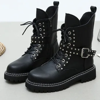 

Women Motorcycle Boots Black Gothic Personality Hasp Metal Decoration 2020 New Lace-up PU Short Boots Female Boots Women Shoes