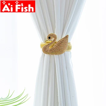 

Man-made Diamond Golden Swan Curtain Clip Metal Sliver Alloy Curtain Bandage Modern Luxury Black Tie Rope Curtain Buckle MY441-4