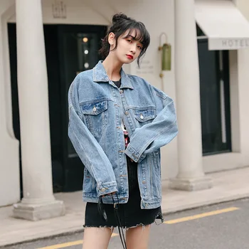 

Basic jeans jacket women Solid Casual Loose Jacket Single Breasted women denim jacket Outerwear Streetwear Female Veste Femme