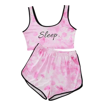 

Women Pajamas Set Sleeveless Tie Dye Tank Top and Shorts 2 Piece Set Pink Kawaii Summer Sleepwear Home Clothes