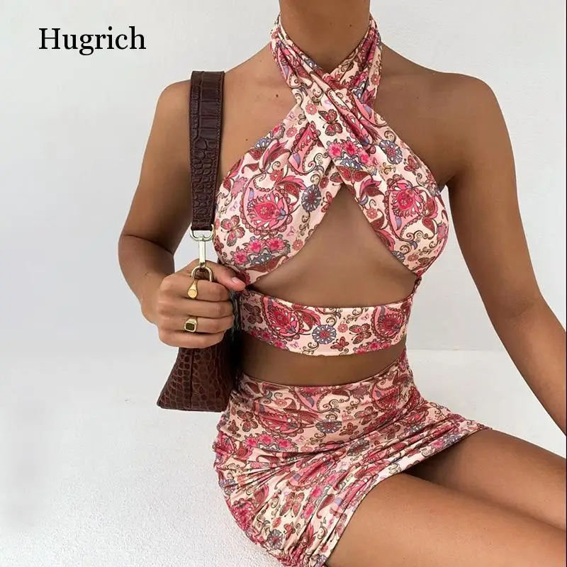 

Женское платье из двух частей с перекрестной лямкой на шее, летние сексуальные короткие вечерние-платья с принтом и вырезом для ночного клуба