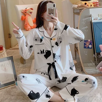 

Female Autumn New 2PC Cotton Pajamas Suit Cute Cartoon Print Home Clothes Turn-down Collar Shirt&Pant Nightwear Casual Sleepwear