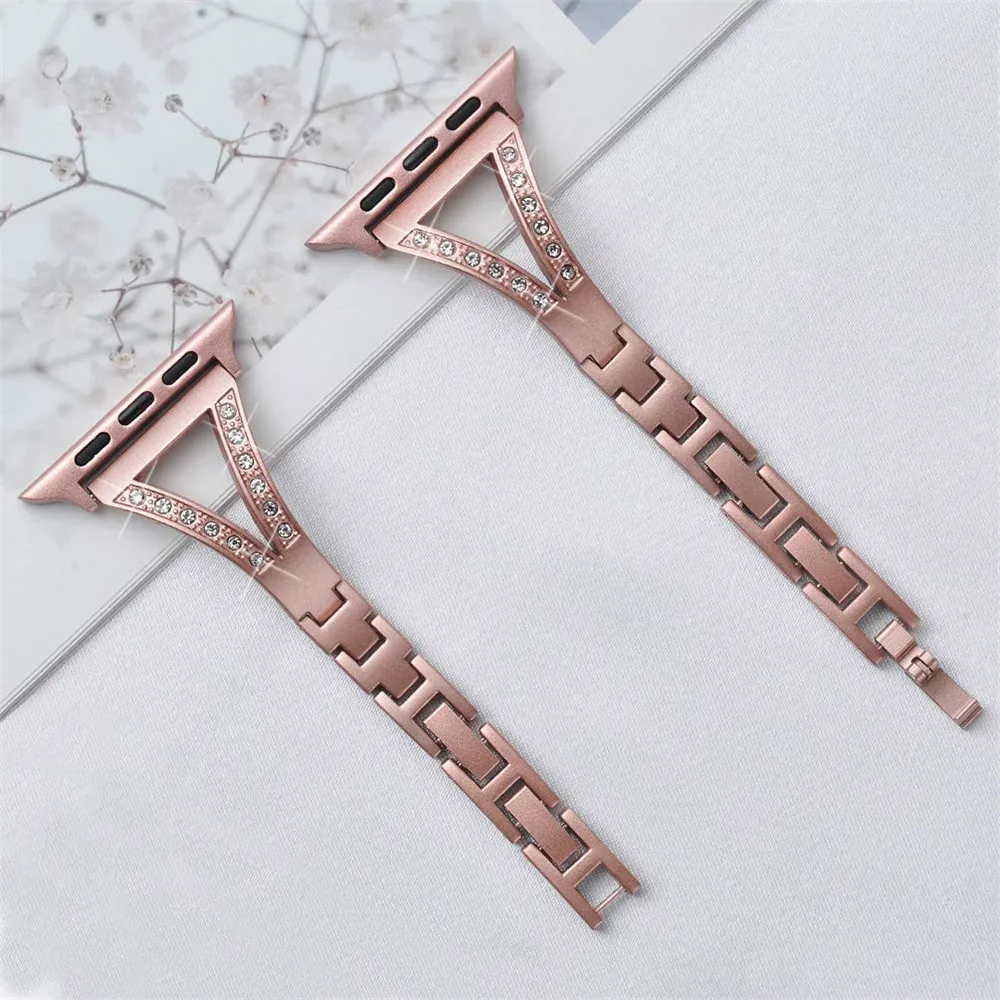 Rose pink Для женщин тонкий браслет побрякушка для наручных часов Apple Watch, версии 5 4 3 2 1 бриллиант ремешок для наручных часов iWatch 38/40 мм/42 44 мм легко разбирается на поясе - Цвет ремешка: Rose pink
