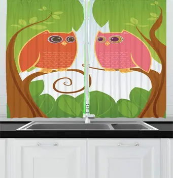 

Multicolor Owls Kitchen Curtains 2 Animal on Trees Looking at Each Other Big Eyes Window Drapes