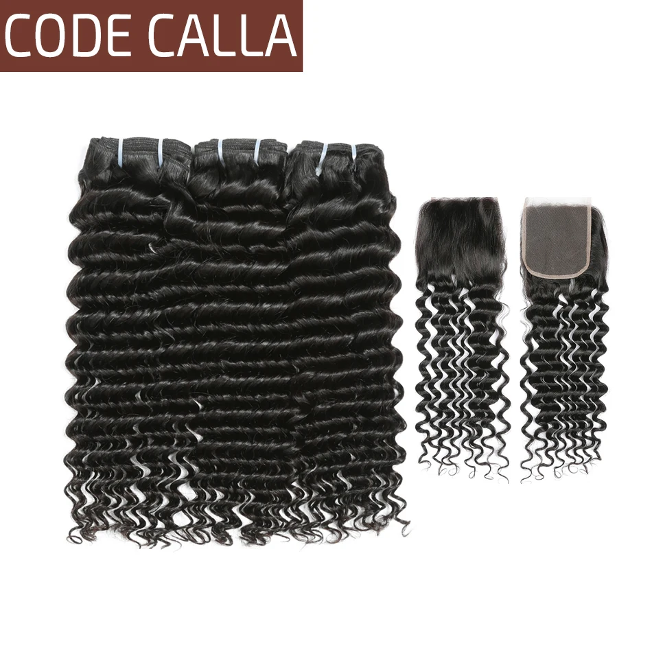 

Code Calla Deep Wave Brazilian 100% Unprocessed Raw Virgin Human Salon Hair Three Bundles With Lace Closure Natural Black Color