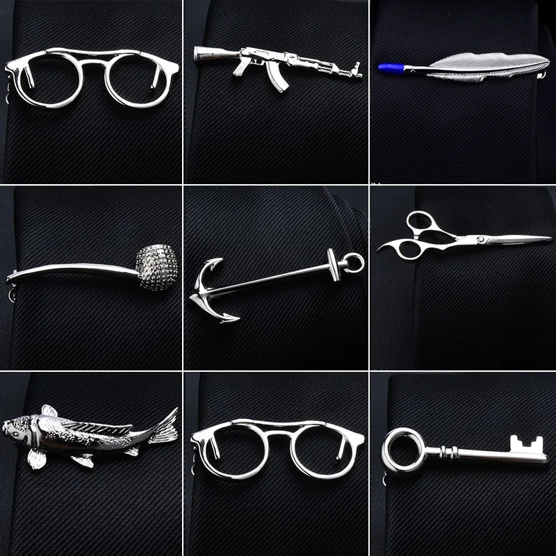 

1 Piece Feather Glasses Anchor Mustache Key Shape Silver Metal Tie Clip for Men Tie Bar Crystal Necktie Clips Pin For Mens Gift