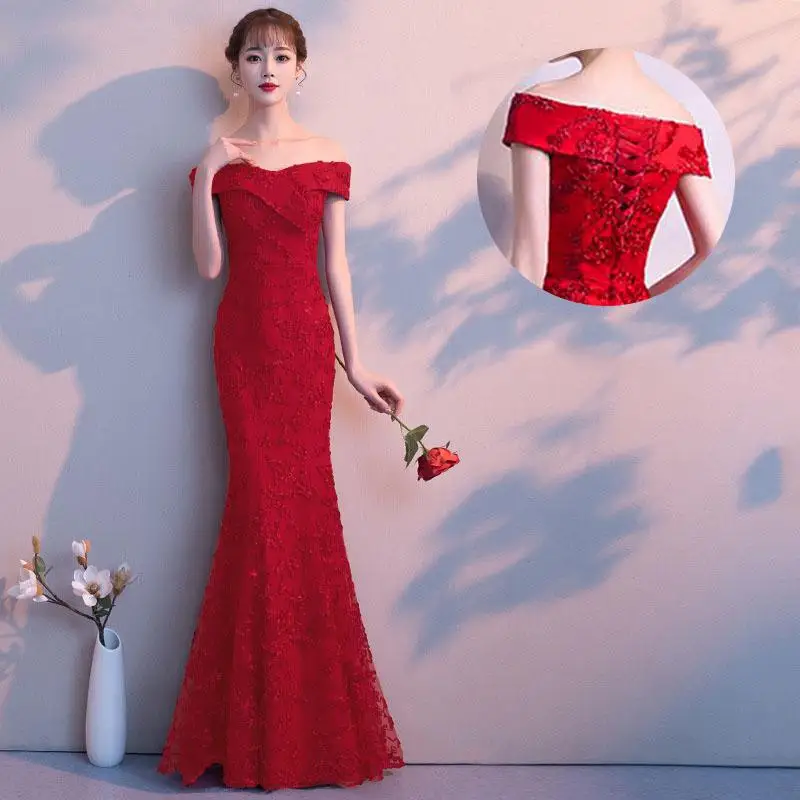Вышивка Cheongsam женское сексуальное платье с вырезом лодочкой для выпускного вечера красное свадебное платье для невесты элегантное вечернее атласное платье Qipao - Цвет: red b