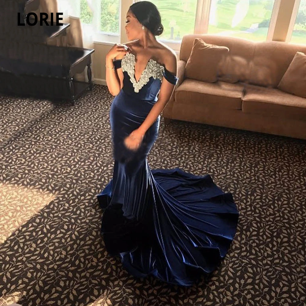 LORIE Navy Blue Evening Dress Mermaid Long Velvet Prom Gown Off Shoulder Luxury Beaded Saudi Arabic Dubai Formal Party | Свадьбы и