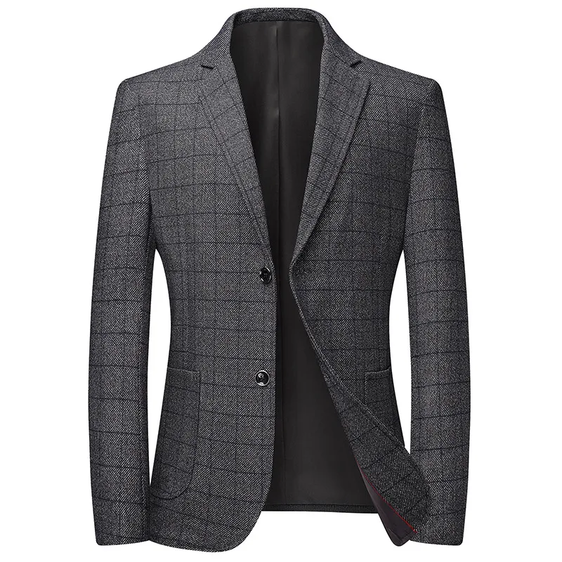 

Brand clothing jacket men's suit single-breasted plaid dark gray jacket fashion slim men's dinner business casual jacket