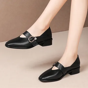 

New Sweet Women Low Heeled Basic Pumps square Toe buckle Wedding Party Shoes Woman Genuine Leather New Shoes