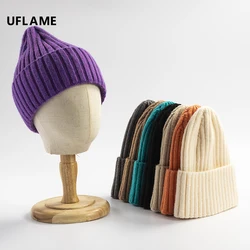 UFLAME Wool Knitted Cap for Women Men Unisex Thick Warm Winter Hat Windproof Skullies Beanie Solid Color Couple Bonnet Wholesale
