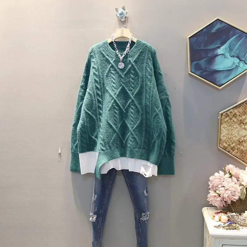 

New plush sweater stitching fake two piece casual twist loose one size