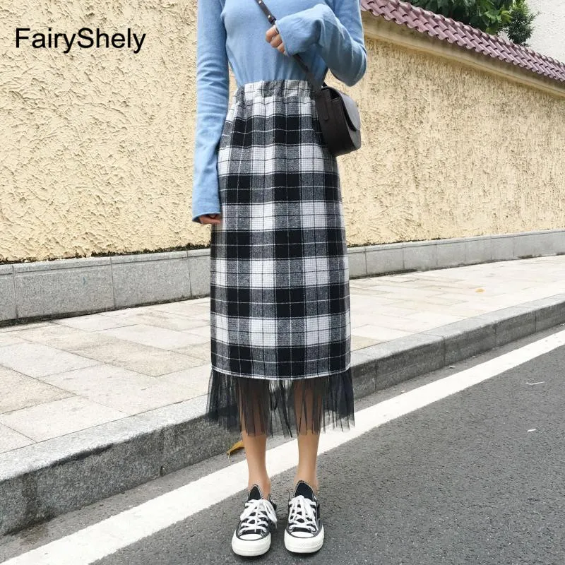 FairyShely, высокая талия, клетчатая длинная юбка для женщин, Осень-зима, шерстяные расклешенные женские юбки-карандаш, элегантная кружевная Тюлевая юбка миди