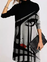 Robe à col roulé pour femme, vêtement chaud, Vintage, imprimé, automne, élégant, manches longues, Patchwork, ample, hiver 