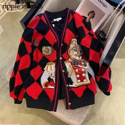 Ripple Islands-Women's Jacket Winter Coat For Women Embroidery Lamb Wool Coat Thick Checkerboard Baseball Uniform Woman Clothes