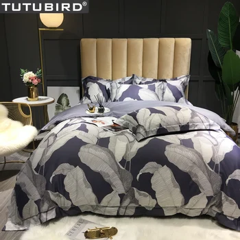 

Gray leaf print pastoral duvet cover Luxury Egyptian cotton bedding set satin bedspread queen king size bed set hometexitle