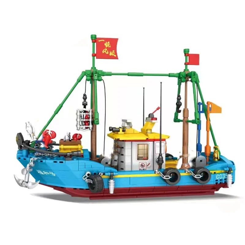 City Fishing Boat Constructor Building Blocks Model Assembling MOC Pirate  Ship Technical Bricks Toys for Children Birthday Gift