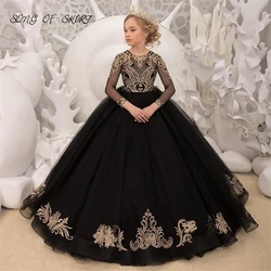 Gorgeous Black Flower Girl Ball Dresses For Wedding Long Sleeves Applique First Communion Gowns детские вечерние платья
