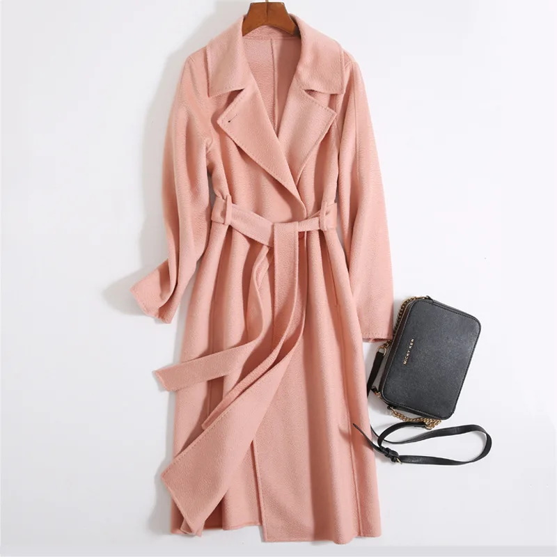 Высококачественное шерстяное пальто осенне-зимний банный халат двусторонний кашемирвое пальто женское шерстяные пальто OL модная длинная куртка NS1426 - Цвет: pink