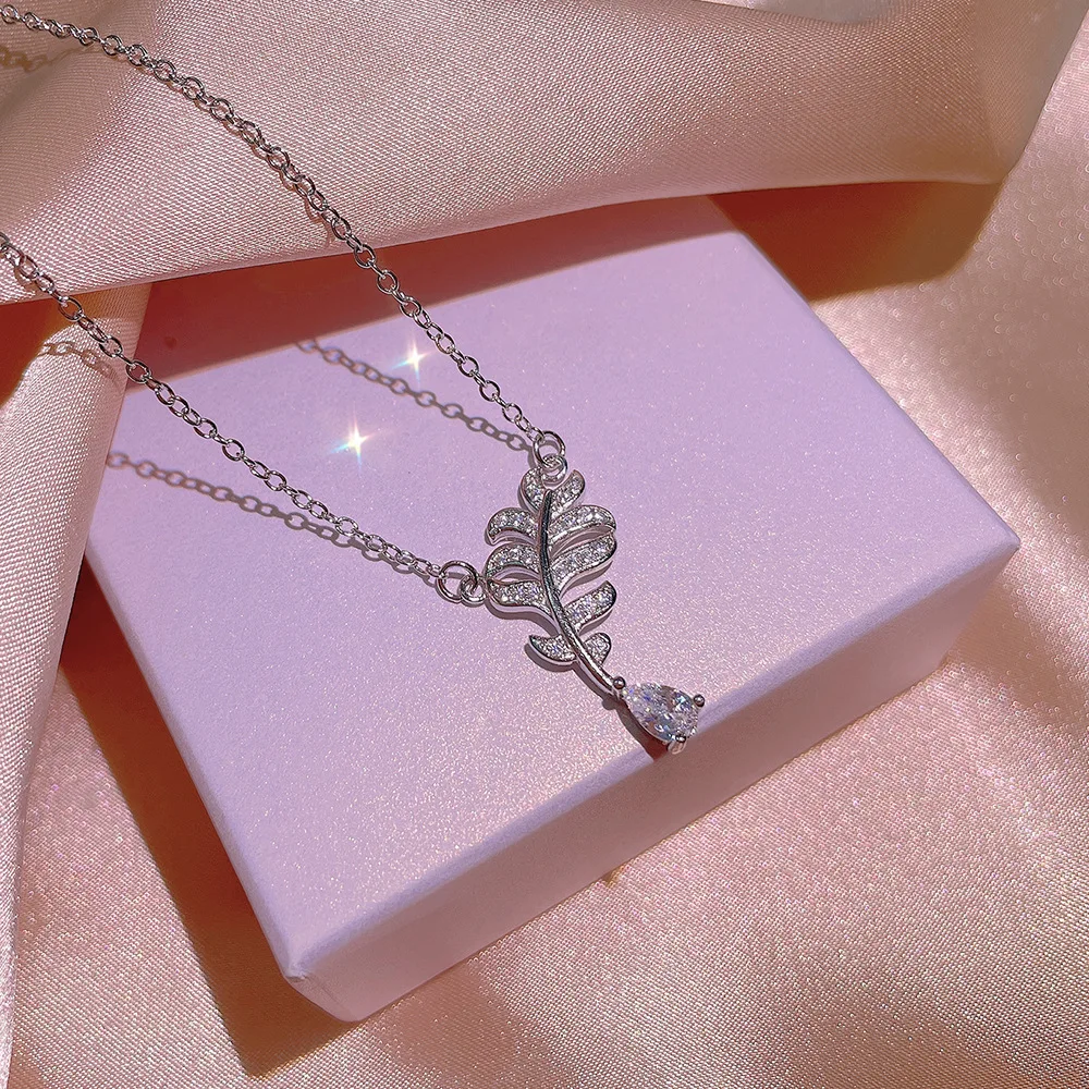 925 Sterling Silver Feather White Zircon Clavicle Chain Necklace Female Simple Earrings Ring Jewelry Set