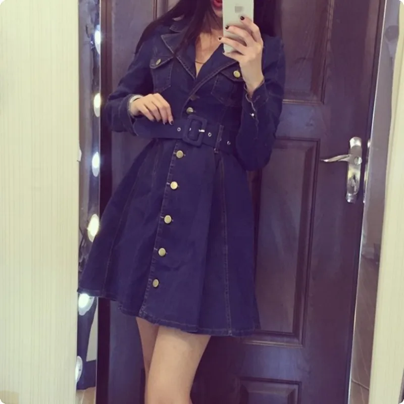 

New Arrival Spring Autumn Womens Belted Denim Trench Blue Color A Line Sashes Female Clothes For Woman Robe Femme