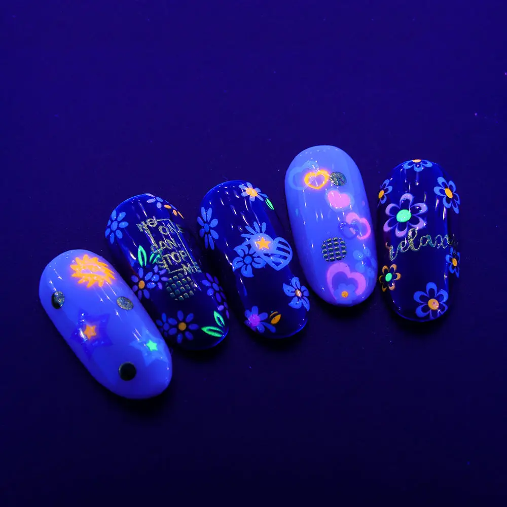Lots Fluorescent Flowers Nail Stickers Party Butterfly Night Glow Star Decoration Manicure Applique Sliders For Nails Set Design