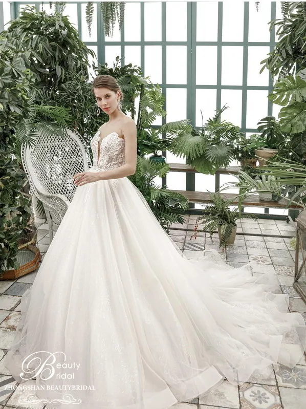 Beautybridal настоящие фотографии Роскошная свадебная одежда шлейф Кружева Аппликации с плеча свадебное платье Vestido JM001