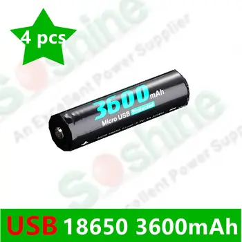 

4 pcs original SOSHINE 18650 rechargeable battery 3.7V 3600mah with Built-In Micro USB directly charger port
